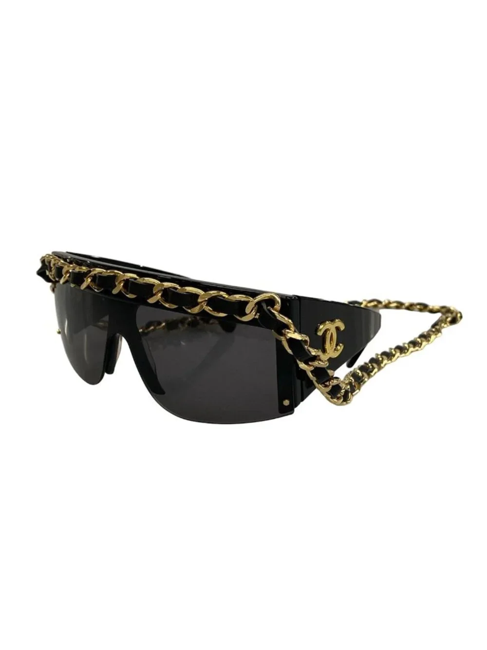 Chanel Sunglasses Gray Black Gold Chain Leather Eyewear